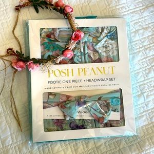 Posh Peanut NIB Faye long sleeve one piece ruffled footie & head wrap gift set